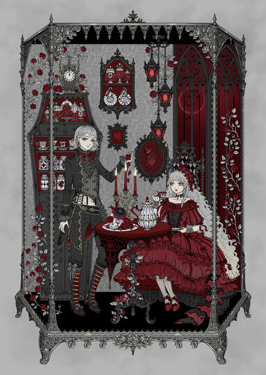 +プリザーブドフラワー+ ゴシック , ゴスロリ,ファッションイラスト, 西洋装飾デザイン, ヴァンパイア, Gothic Lolita fashion artwork, ロリータファッション, カリスマイラストレーター, 零夜, Reiya,